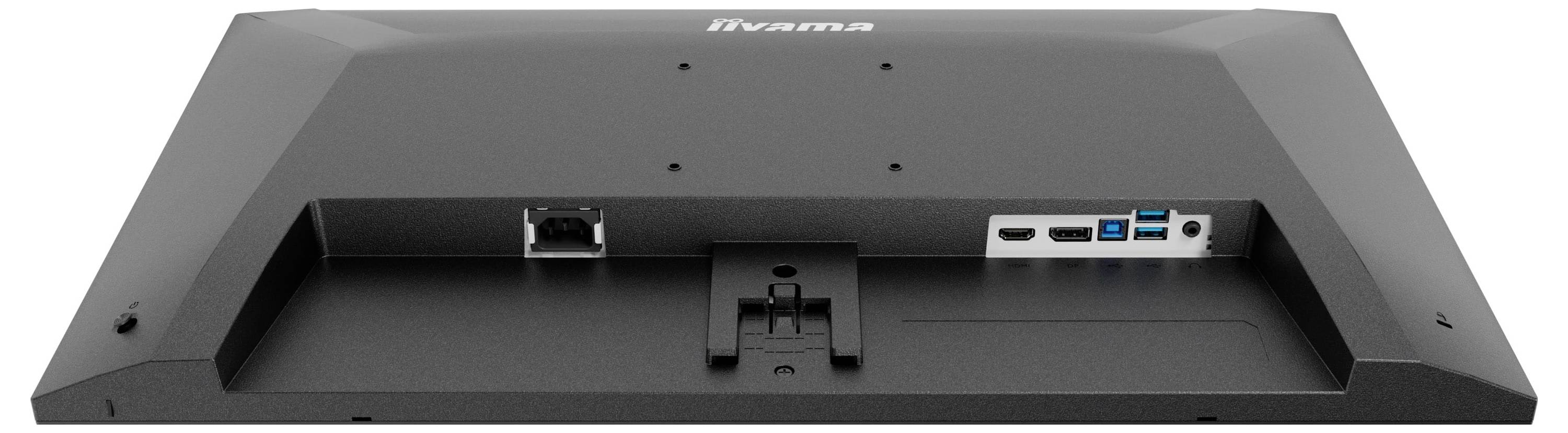 Un moniteur noir grand écran vu de l'arrière, montrant les ports incluant les connexions USB et HDMI, conçu pour être monté au mur.