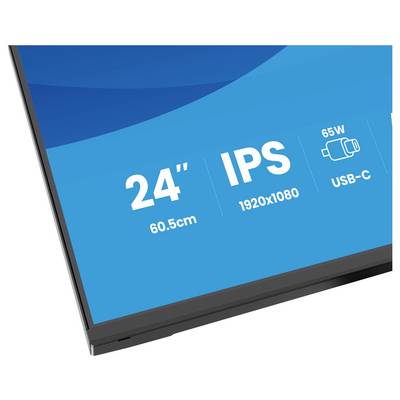 Un moniteur affichant les spécifications : « 24" (60,5cm), IPS, résolution 1920x1080 », puissance « 65W » et connectivité « USB-C ».