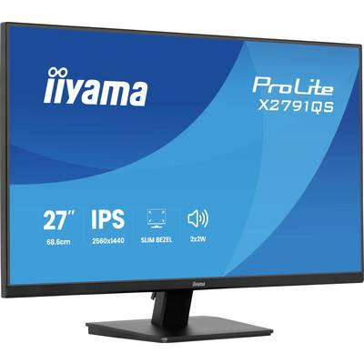 Moniteur 'Iiyama ProLite X2791QS', 27 pouces, résolution 2560x1440, panneau IPS, cadre fin, haut-parleurs 2x2W, caractéristiques détaillées sur fond bleu.