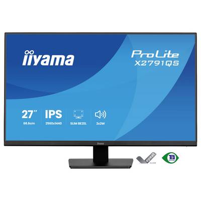 Un écran bleu affiche le logo « iiyama » avec le texte « ProLite X2791QS ». Les caractéristiques incluent un écran 27 pouces, IPS, une résolution de 2560x1440, des bordures fines et des haut-parleurs 2x2W.