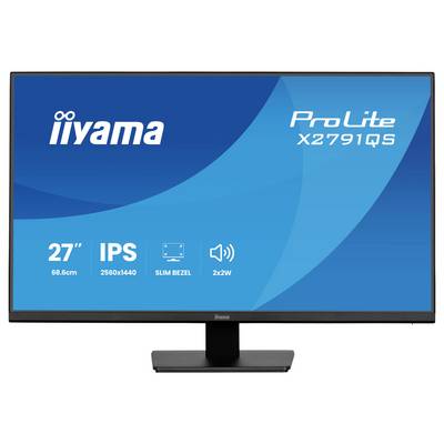 Un moniteur d'ordinateur affiche « iiyama ProLite X2791QS » avec les spécifications suivantes : écran 27 pouces, résolution 2560x1440, panneau IPS, bordure mince, 2 haut-parleurs 2x2W.
