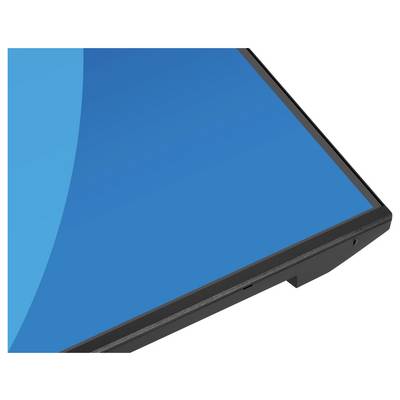Gros plan d'une fine lunette de moniteur noire entourant un écran d'affichage bleu, présentant un design minimaliste et épuré.
