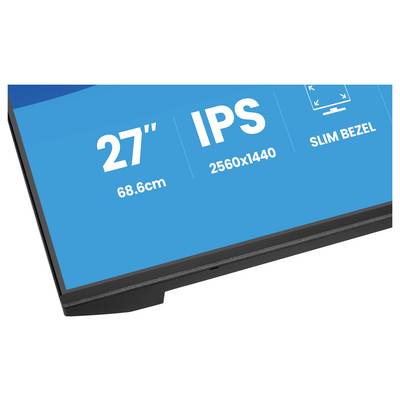 Coin de moniteur d'ordinateur présentant le texte : « 27" (68,6cm) IPS 2560x1440 Cadre fin ».