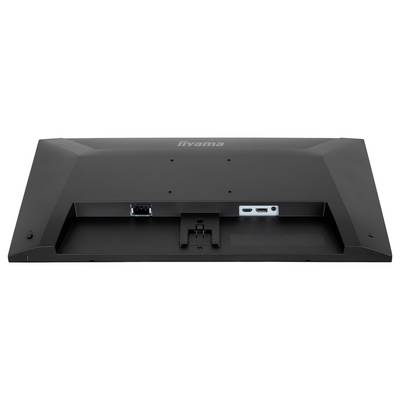 Vue arrière d'un moniteur montrant les ports de connexion, y compris HDMI et DisplayPort, avec un support de montage intégré au centre.