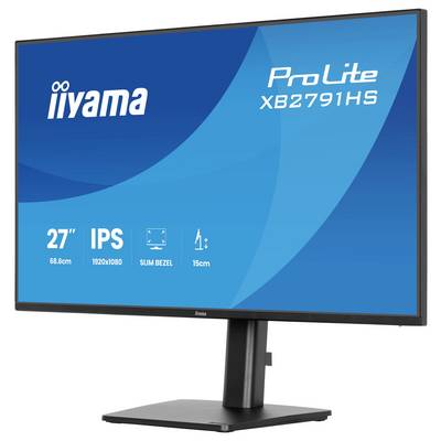 Moniteur affichant les informations de marque et de modèle. 'iiyama ProLite XB2791HS', 27 pouces IPS, résolution 1920x1080, cadre fin, hauteur 15 cm.