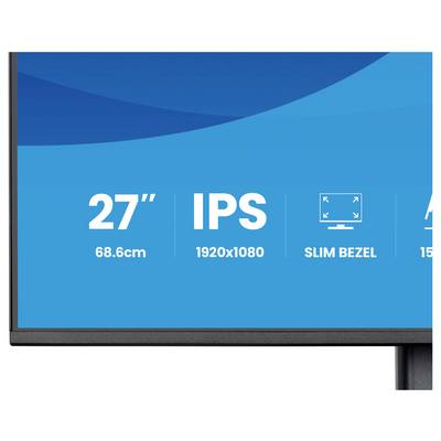 Coin moniteur affichant les spécifications : « 27 pouces, 68,6 cm, IPS, résolution 1920x1080, bordure fine. » Design bleu et blanc avec des icônes.