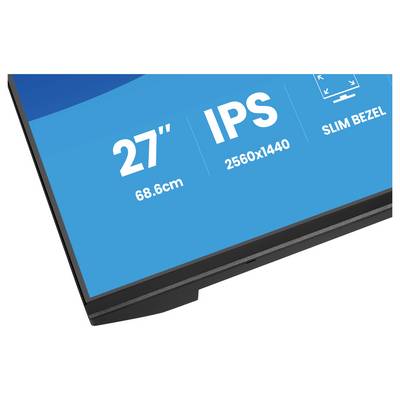 Vue partielle d'un écran de moniteur affichant du texte : « 27" (68,6cm), IPS, 2560x1440 » et « SLIM BEZEL », indiquant la taille de l'écran et les caractéristiques.