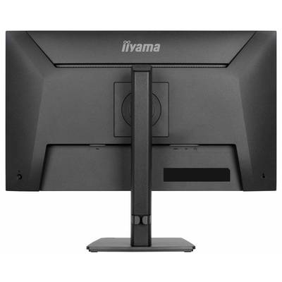 Vue arrière d'un moniteur d'ordinateur noir avec un pied rectangulaire, mettant en avant la conception de la ventilation et les ports de connectivité.