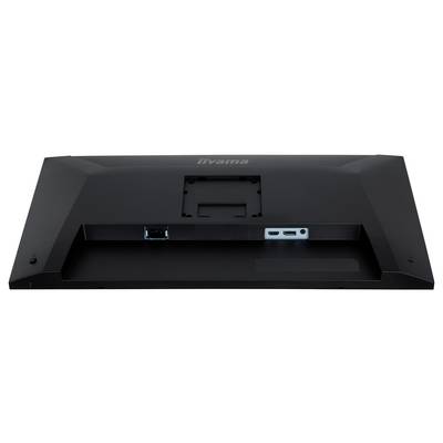 Vue arrière d'un écran d'ordinateur noir montrant les ports de connectivité, y compris HDMI et DisplayPort, mettant l'accent sur les options de connexion.