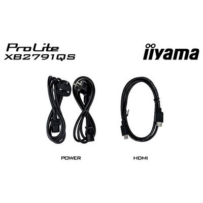 Accessoires du moniteur « ProLite XB2791QS » : l'image montre les câbles d'alimentation et HDMI d'iiyama, affichés côte à côte pour une utilisation de connexion.