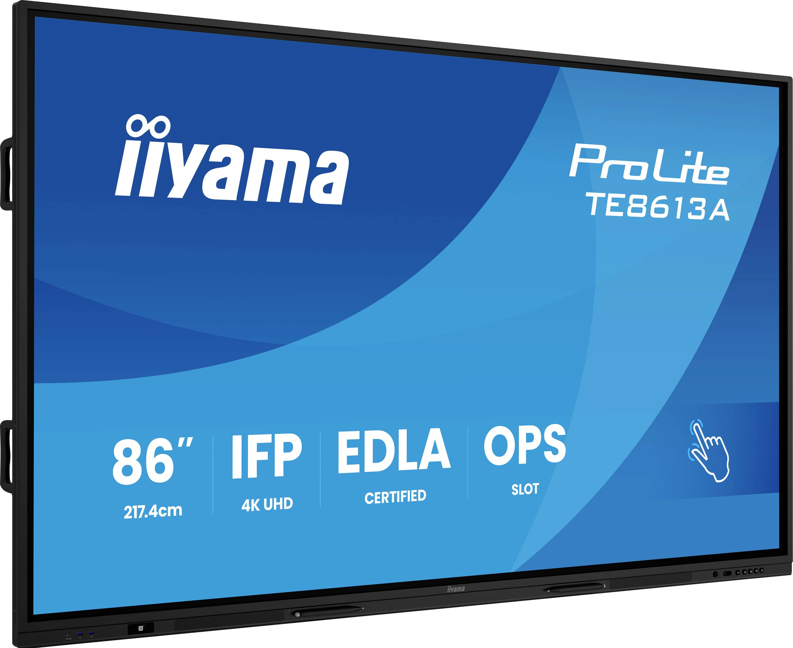Écran interactif 'Iiyama ProLite TE8613A', 86 pouces, caractéristiques : IFP, résolution 4K UHD, certifié EDLA, emplacement OPS.