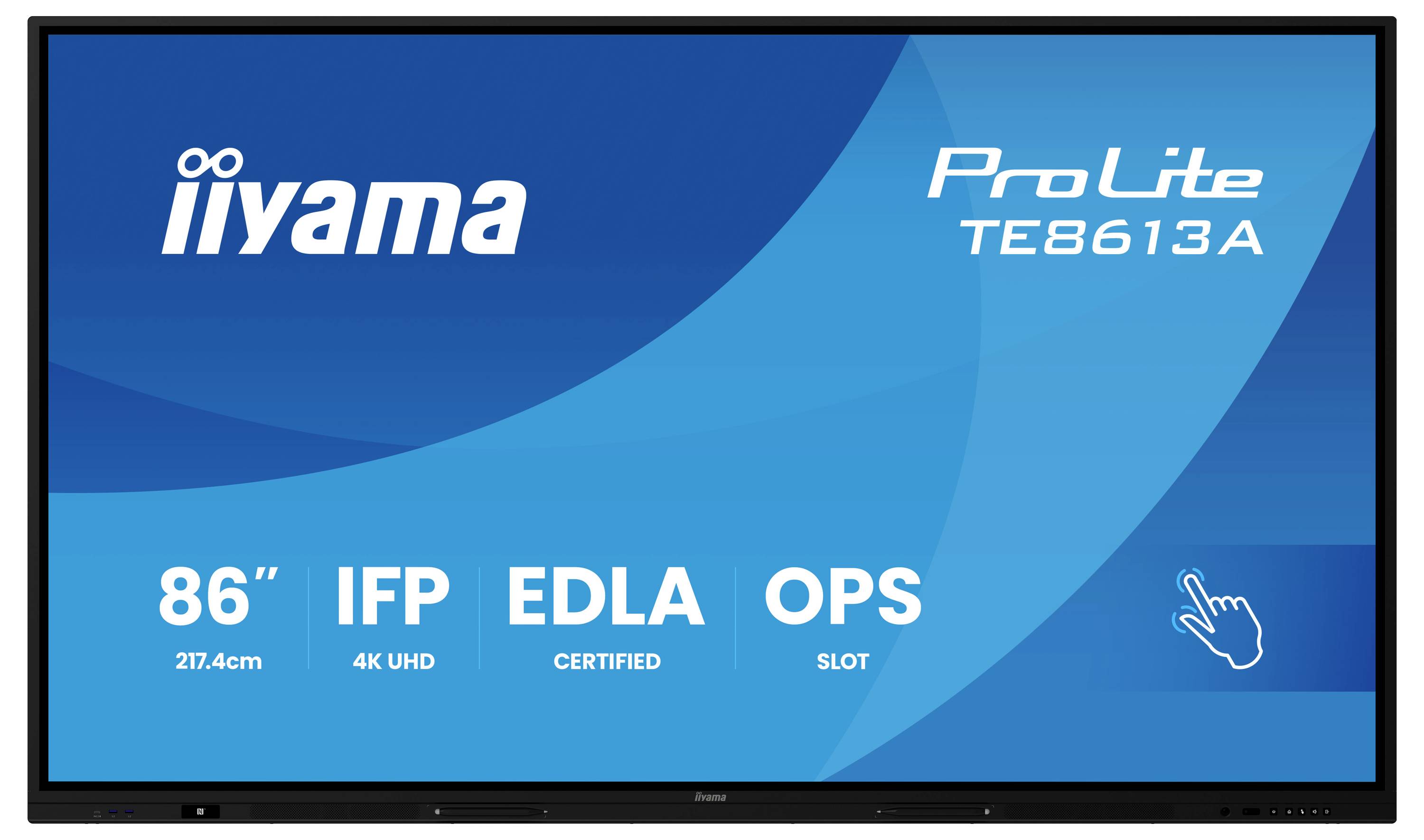 Affichage interactif montrant « iiyama ProLite TE8613A » avec les caractéristiques suivantes : 86 pouces, IFP, 4K UHD, Certifié EDLA, Emplacement OPS.