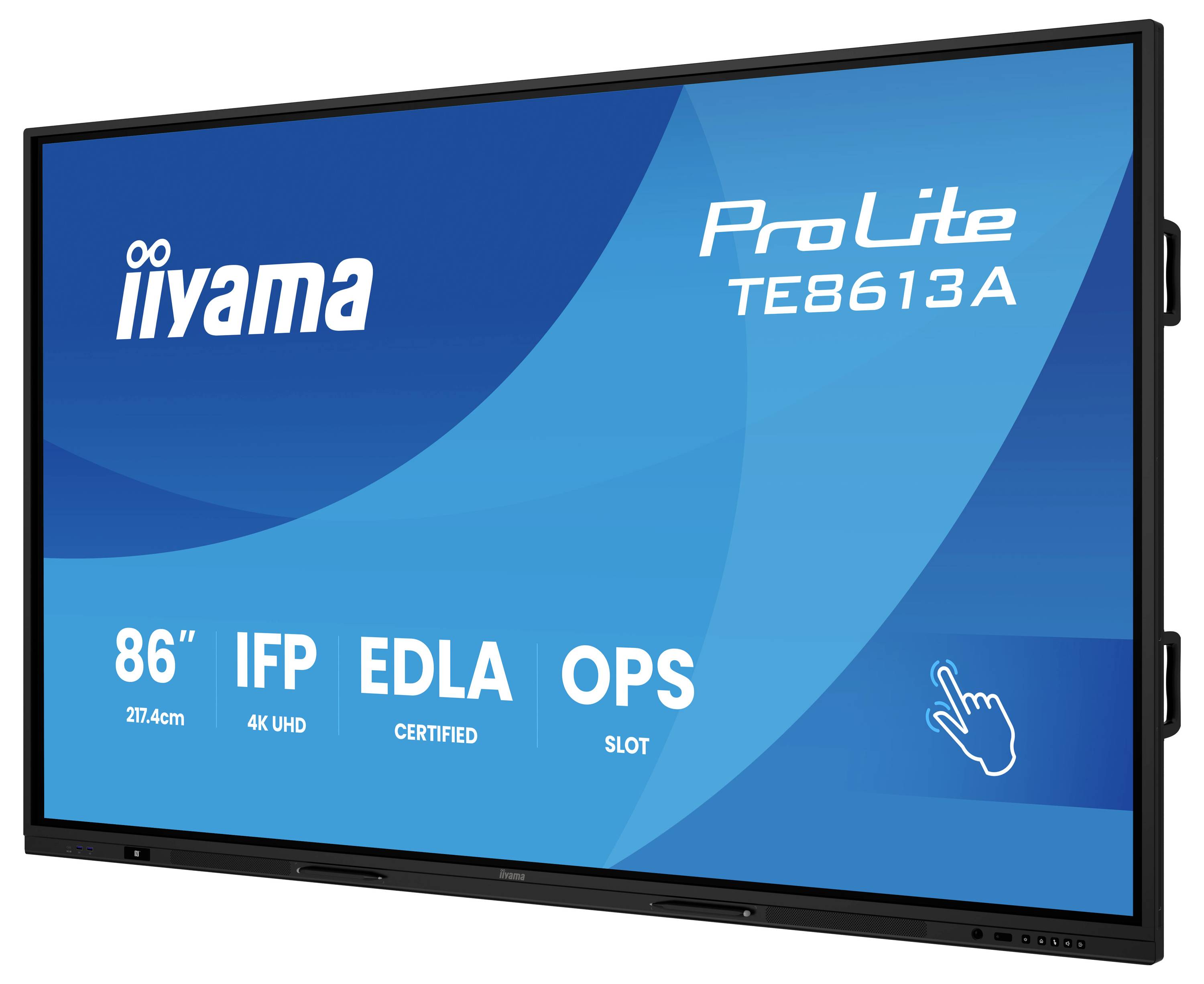 Écran plat interactif « iiyama ProLite TE8613A » avec affichage 4K UHD de 86 pouces, certifié ELD, avec connecteur OPS.
