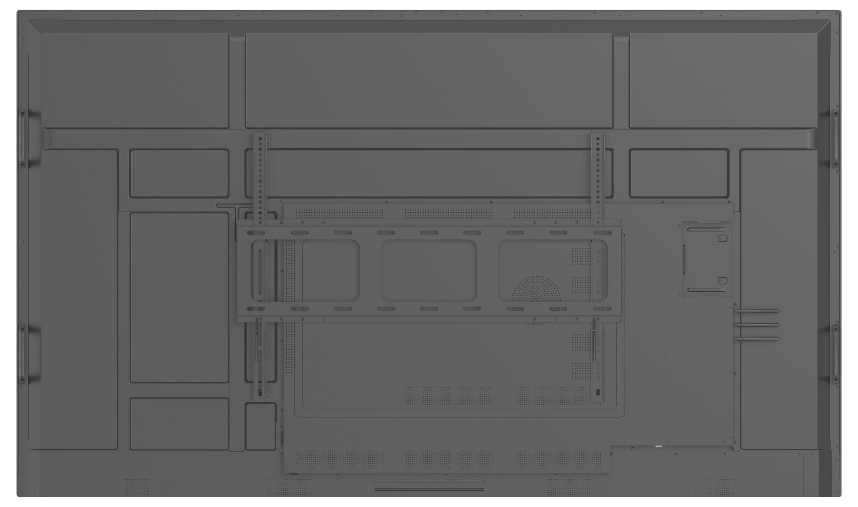 Vue arrière d'un objet rectangulaire avec divers compartiments et supports de montage, possiblement l'arrière d'un appareil électronique ou d'un écran.