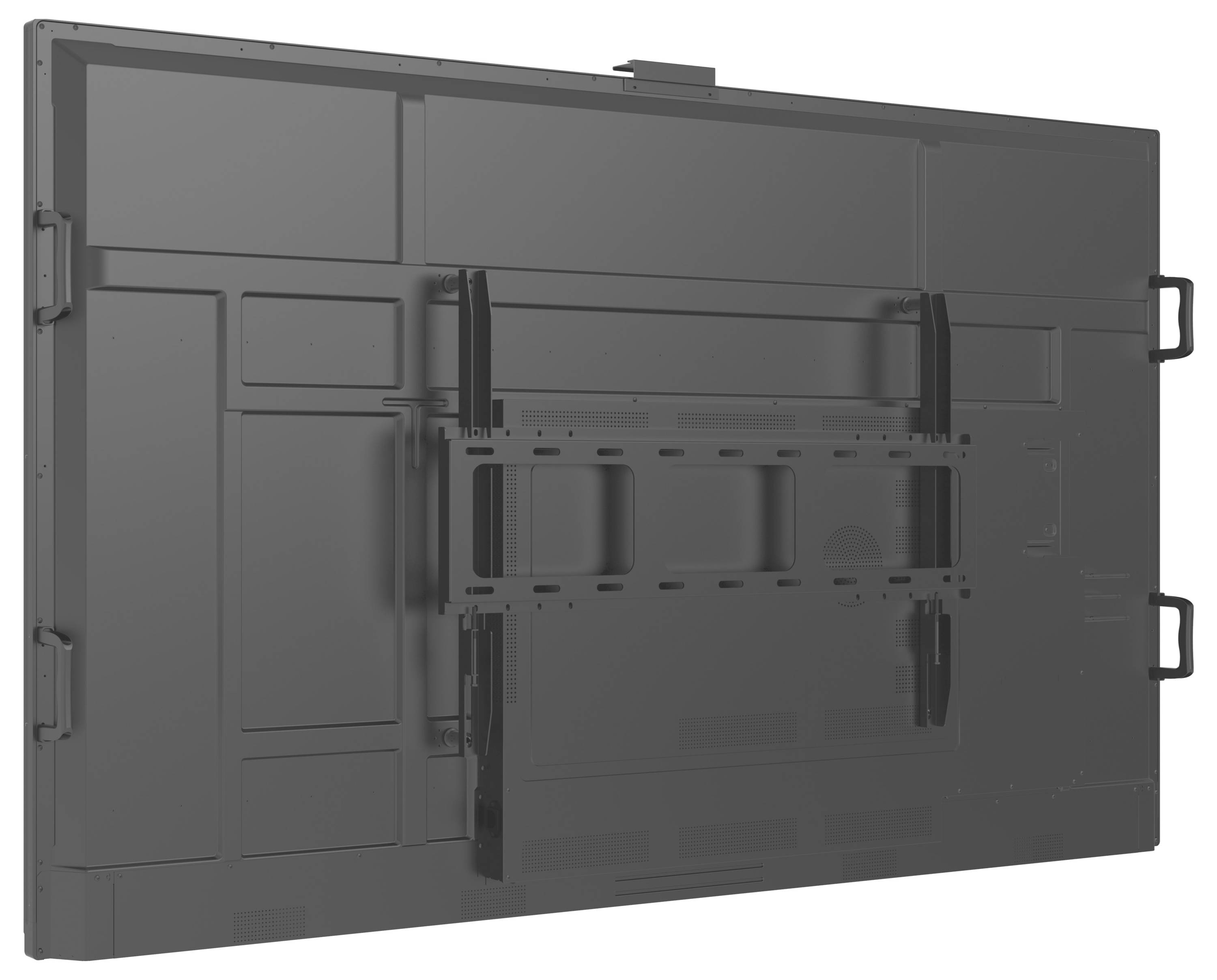 L'image montre la vue arrière d'un grand écran électronique rectangulaire, présentant des supports et des poignées pour le montage ou le transport.
