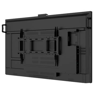 L'image montre la vue arrière d'un grand moniteur ou téléviseur noir, affichant les points de montage, les ports et les grilles de ventilation.
