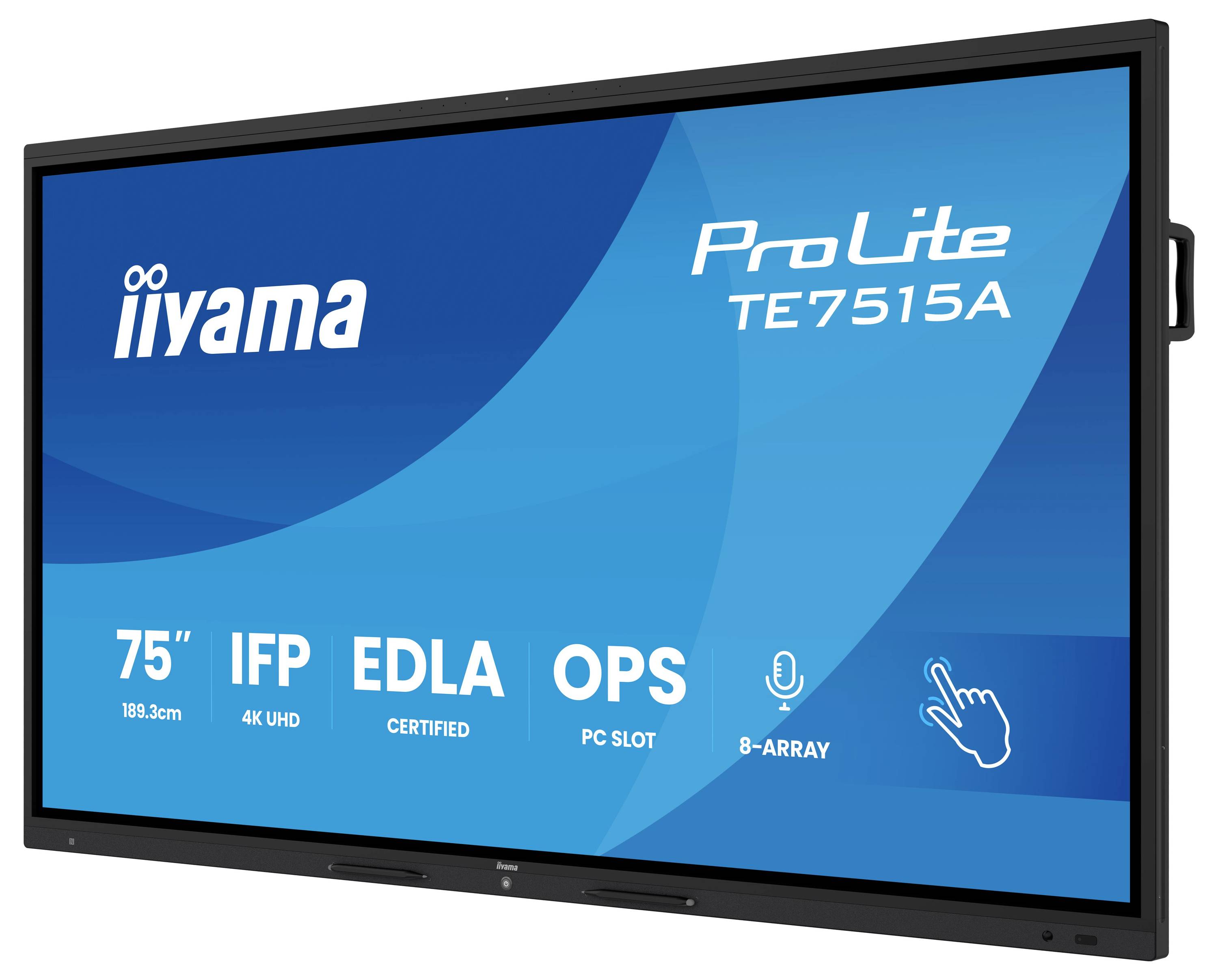 « ProLite TE7515A » affiché sur un écran plat interactif de 75 pouces, doté d'une résolution 4K UHD, IFP, certification EDLA, emplacement OPS PC, microphone B-Array et fonctionnalité tactile.