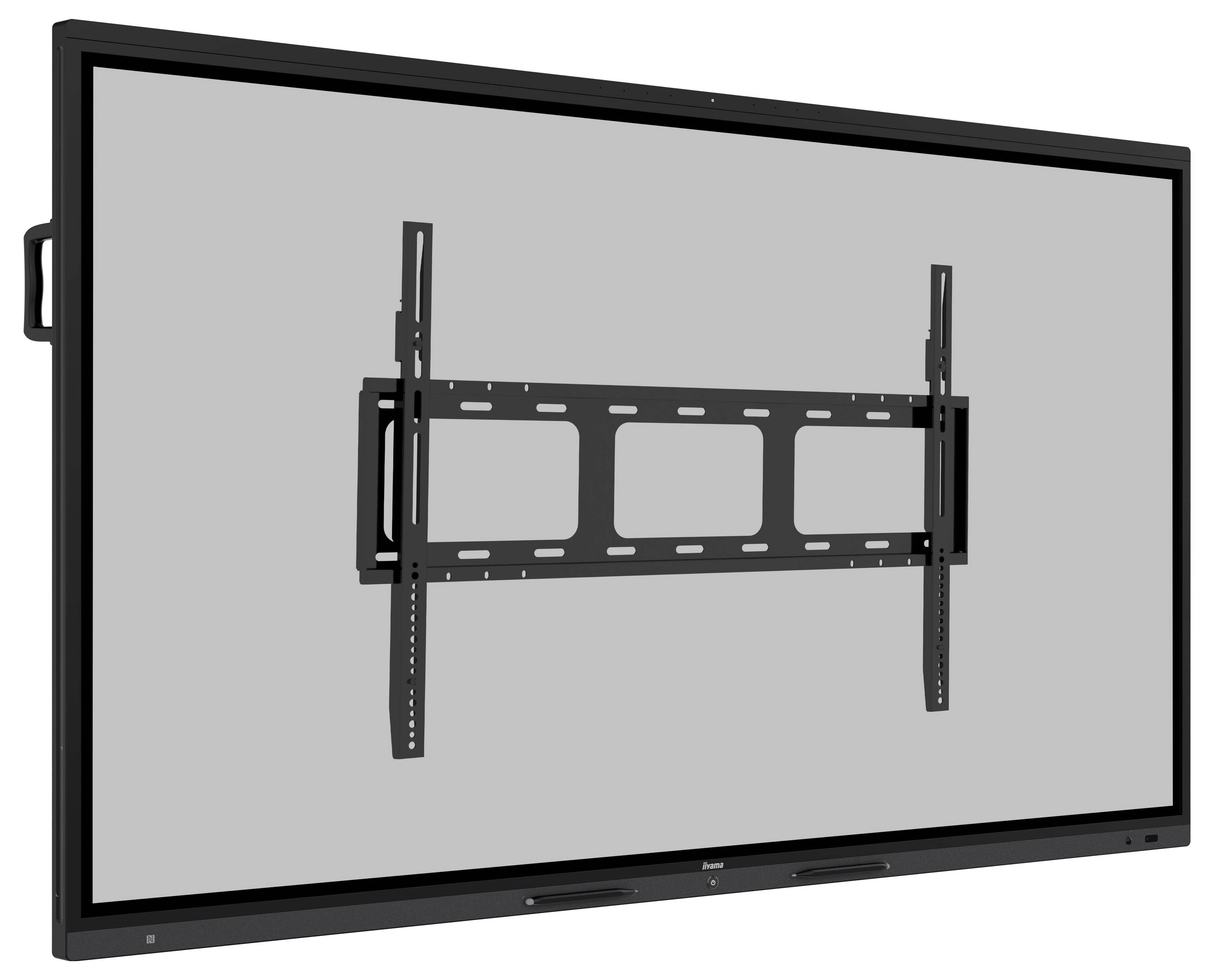 Un grand écran d'affichage interactif noir monté sur un support mural gris.