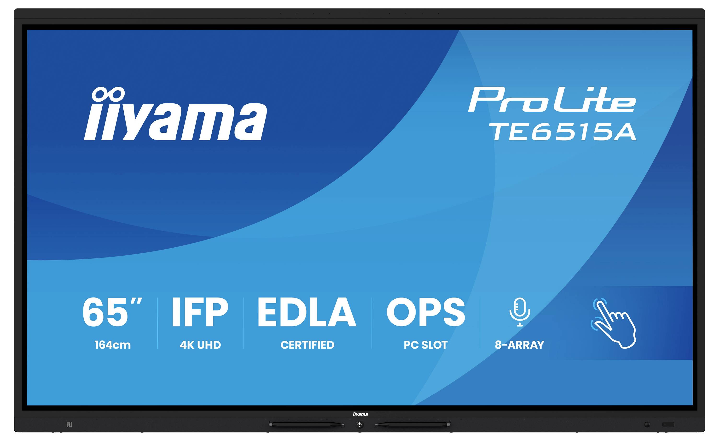 Écran interactif 'Iiyama ProLite TE6515A' avec écran 65", 4K UHD, fonctionnalités certifiées, fente pour PC OPS, microphone à 8 éléments et capacité tactile.