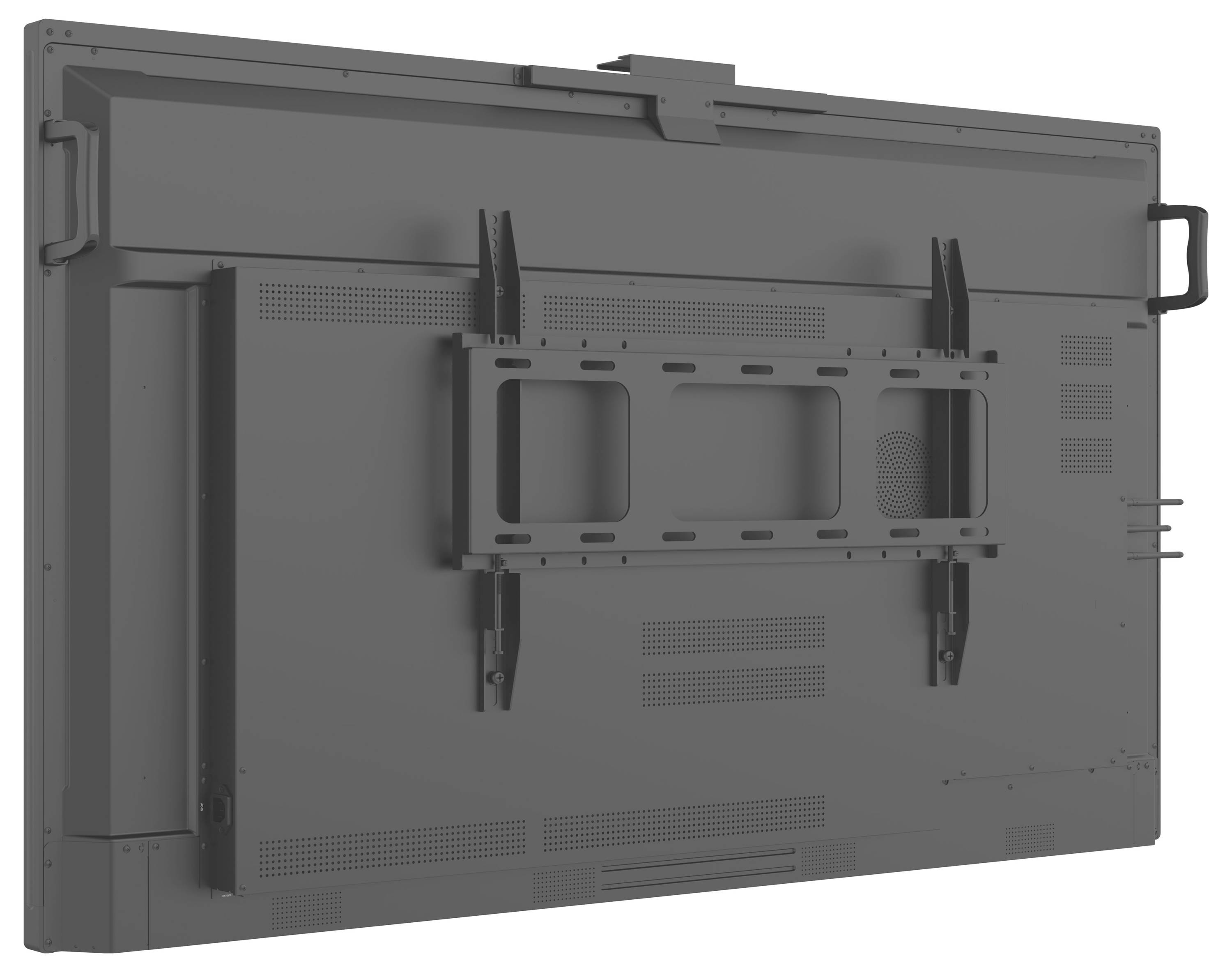 Vue arrière d'un grand écran plat avec des supports de montage et des poignées sur les côtés, adapté à une installation murale ou sur pied.