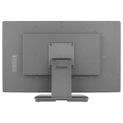 « Vue arrière d'un moniteur d'ordinateur avec un support large et rectangulaire et un panneau de boutons visible sur le côté gauche. Logo de marque centré sur le support. »