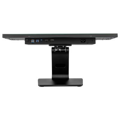 Vue arrière d'un moniteur d'ordinateur avec un socle, montrant les ports USB, HDMI et d'alimentation. L'accent est mis sur les options de connectivité disponibles.