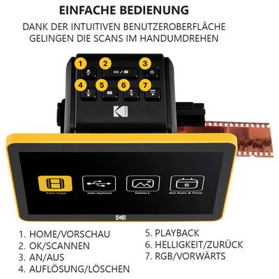 Scanneur de film avec interface intuitive pour un scanning facile. Les fonctionnalités incluent accueil/aperçu, scan, alimentation, lecture, paramètres et navigation.