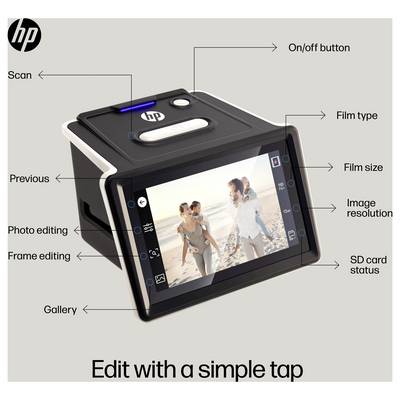 'Appareil HP avec écran affichant une photo de plage, boutons étiquetés pour la numérisation, l'édition, le type de film, la taille, la résolution et l'état de la carte SD.'
