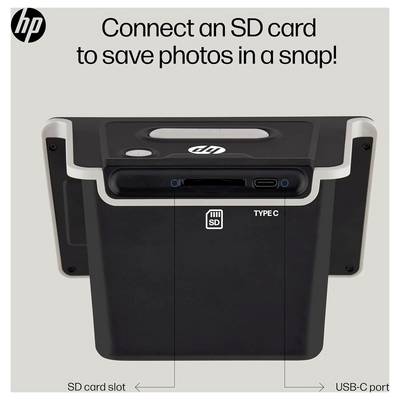 « Connectez une carte SD pour enregistrer des photos en un instant ! » avec une image d'un lecteur de carte SD et d'un port USB-C sur un appareil.