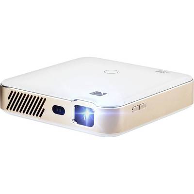 Un projecteur compact et portable avec un objectif bleu lumineux, un sommet blanc et des bords de couleur bronze. Convient pour les présentations mobiles ou à petite échelle.