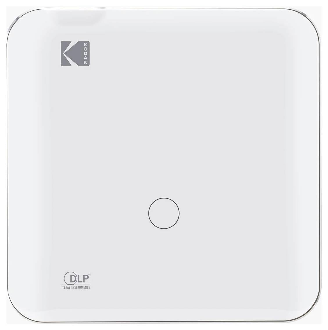 Un projecteur compact et portable avec des ports HDMI et USB sur une base ornée de dorures, présentant un simple bouton circulaire sur le dessus.