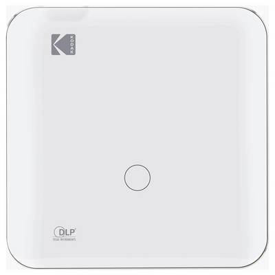 Un projecteur compact et portable avec des ports HDMI et USB sur une base ornée de dorures, présentant un simple bouton circulaire sur le dessus.