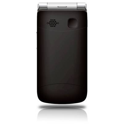 Un téléphone à clapet noir fermé avec une grille de haut-parleur visible et un objectif de caméra à l'arrière.
