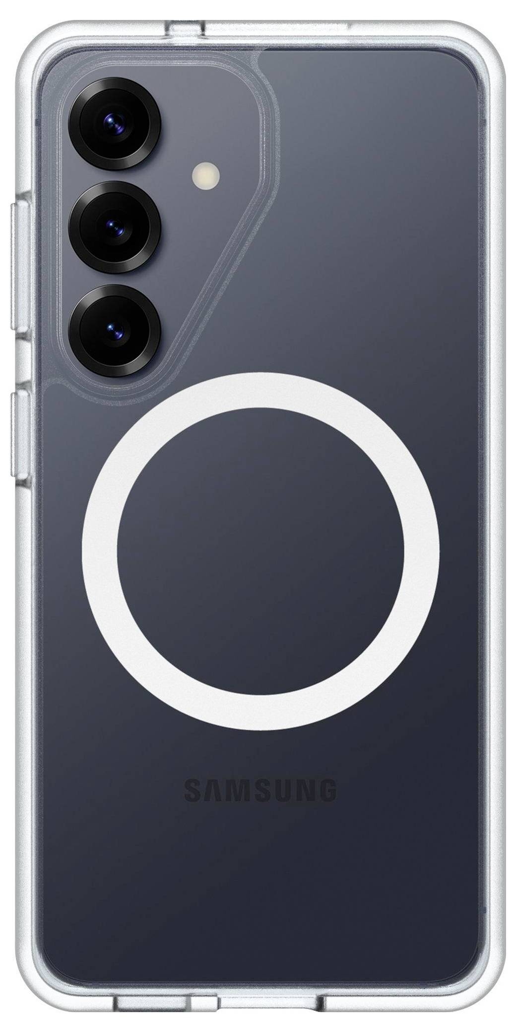 Un téléphone Samsung avec trois caméras arrière, dans une coque transparente présentant un motif de cercle blanc proéminent à l'arrière.
