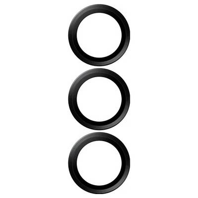 Trois anneaux circulaires noirs empilés régulièrement à la verticale sur un fond blanc uni.