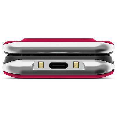 Une vue rapprochée d'un appareil électronique pliable et épuré de conception moderne, mettant en évidence la charnière et le port de charge USB-C entre deux moitiés.