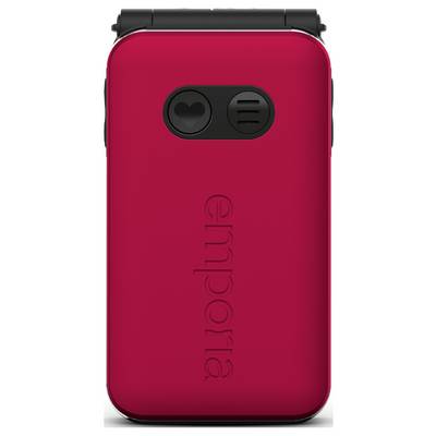 Téléphone à clapet rouge avec « emporia » gravé en relief, caméra noire et haut-parleur au dos.