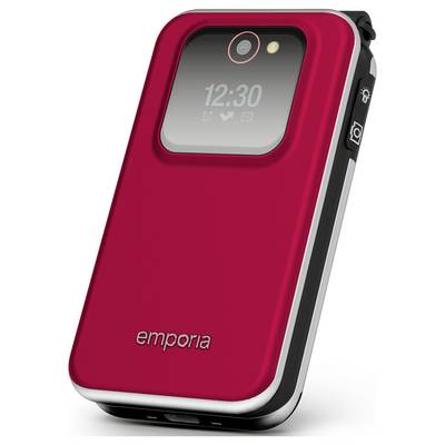 Un téléphone à clapet rouge avec un écran frontal affichant « 12:30 » et un appareil photo au-dessus. Le téléphone porte la marque « emporia » en bas.