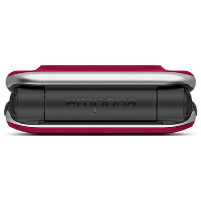 Un téléphone pliable rouge et argenté fermé, affichant le logo « emporia » en relief sur sa charnière noire.