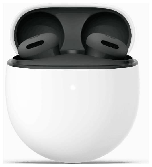 Étui de recharge blanc ouvert affichant des écouteurs sans fil noirs, conçus pour un rangement compact et une facilité de transport.