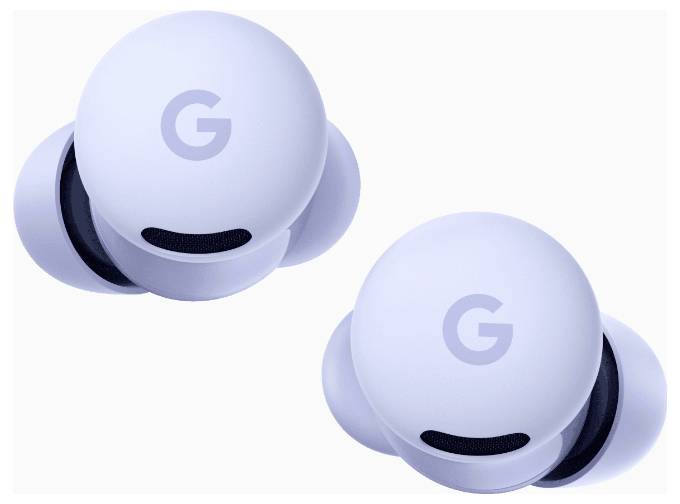 Deux écouteurs sans fil blancs Google avec le logo « G » sur le dessus, positionnés sur un fond uni.