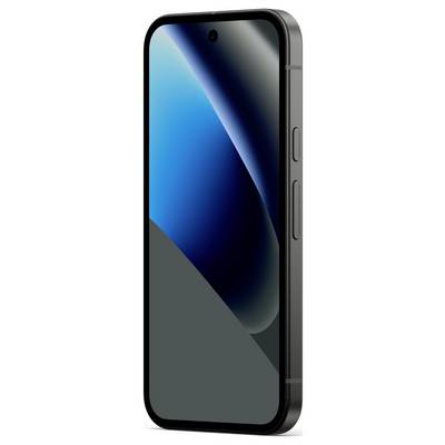 Un smartphone moderne avec un cadre noir, doté d'un grand écran brillant bord à bord, est exposé en position verticale, présentant un fond d'écran aux teintes bleues.