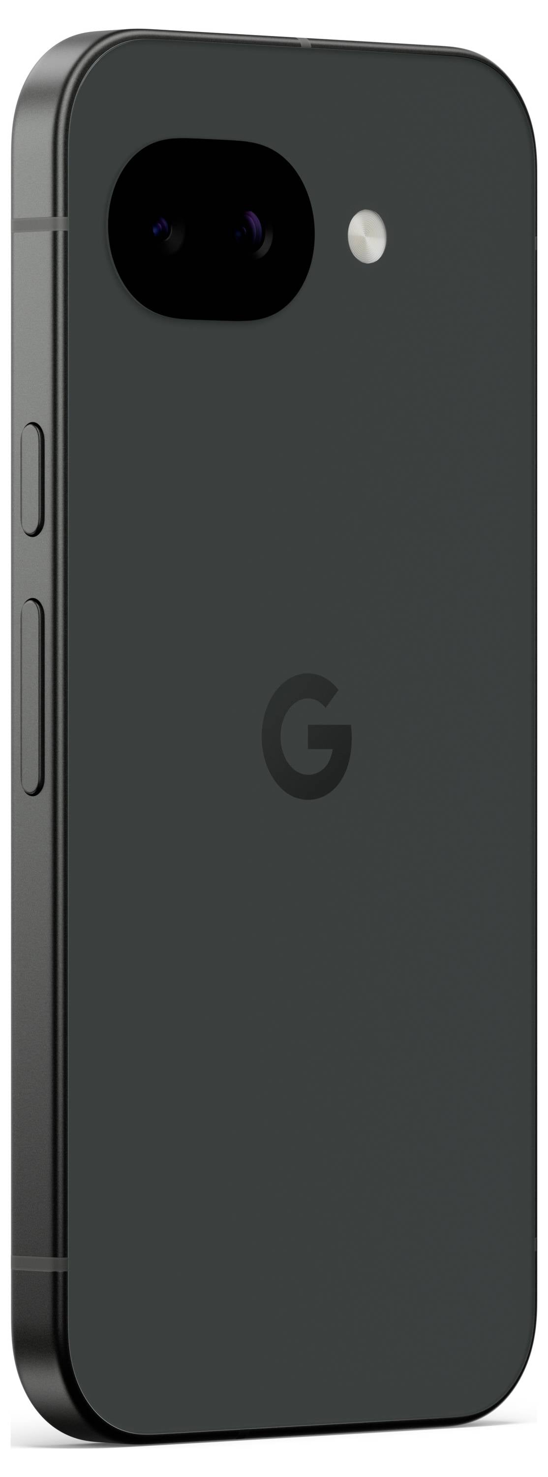 Un élégant smartphone noir présenté par l'arrière, doté d'un seul objectif de caméra et d'un flash, avec un logo « G » au centre.