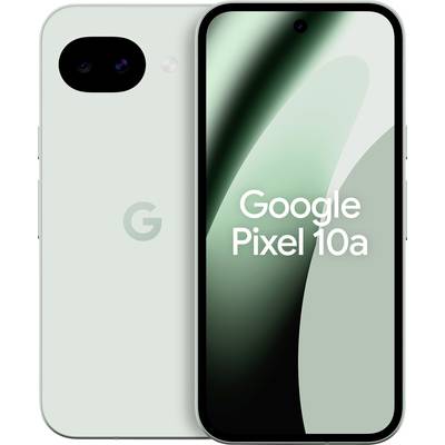 Vues de face et de dos du smartphone Google Pixel 10a. L'écran affiche des graphiques abstraits verts et blancs avec le texte « Google Pixel 10a ».