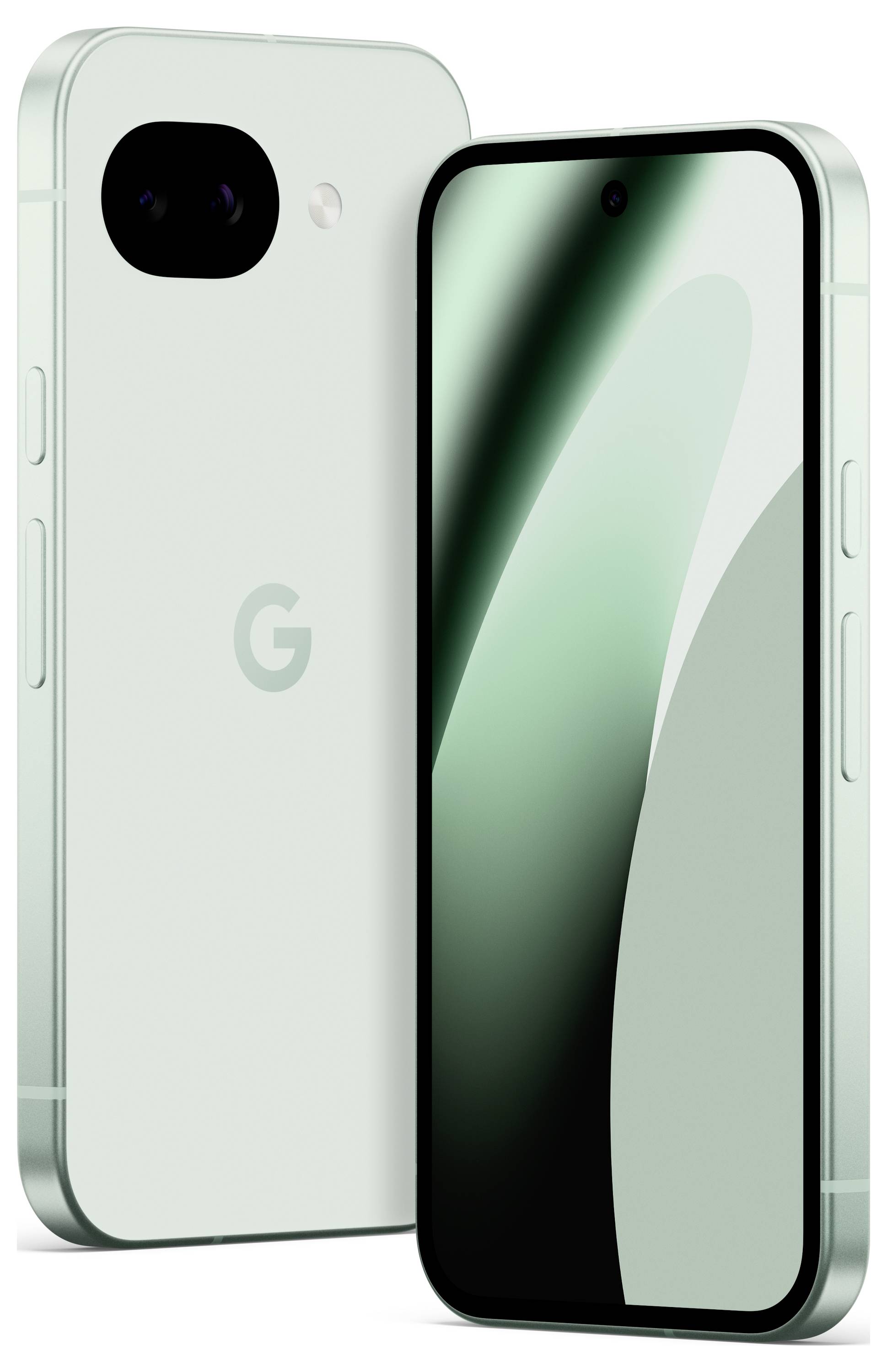 Un élégant smartphone vert menthe avec un double appareil photo à l'arrière et un écran frontal affichant des formes abstraites.