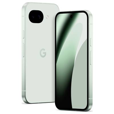 Un élégant smartphone vert menthe avec un double appareil photo à l'arrière et un écran frontal affichant des formes abstraites.