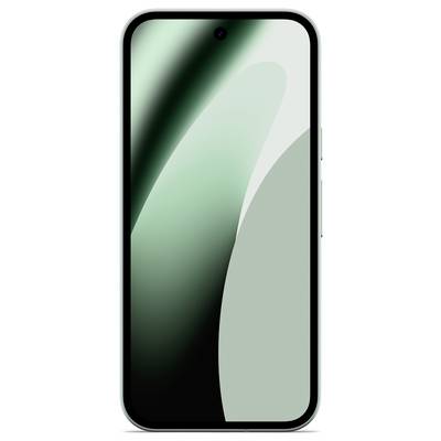 Un smartphone avec un écran plein affichant des formes abstraites vertes et noires.