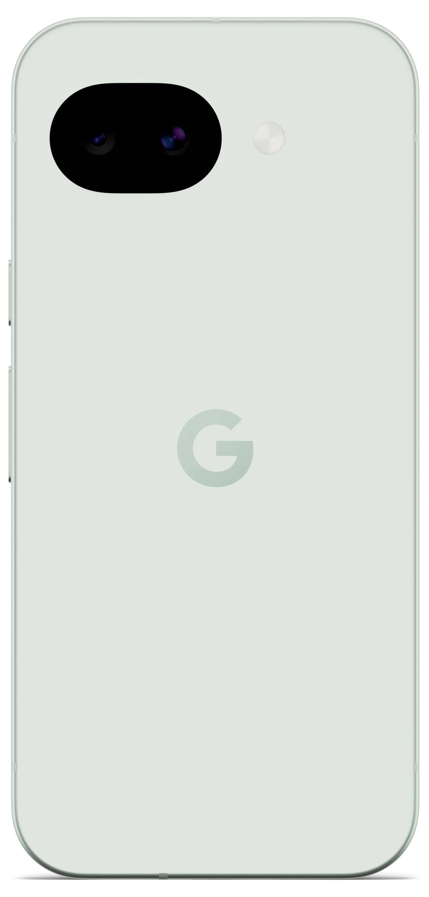 Un smartphone vert clair avec un appareil photo à objectif unique et un flash à l'arrière, présentant un logo « G » au centre.