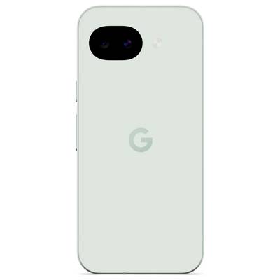 Un smartphone vert clair avec un appareil photo à objectif unique et un flash à l'arrière, présentant un logo « G » au centre.