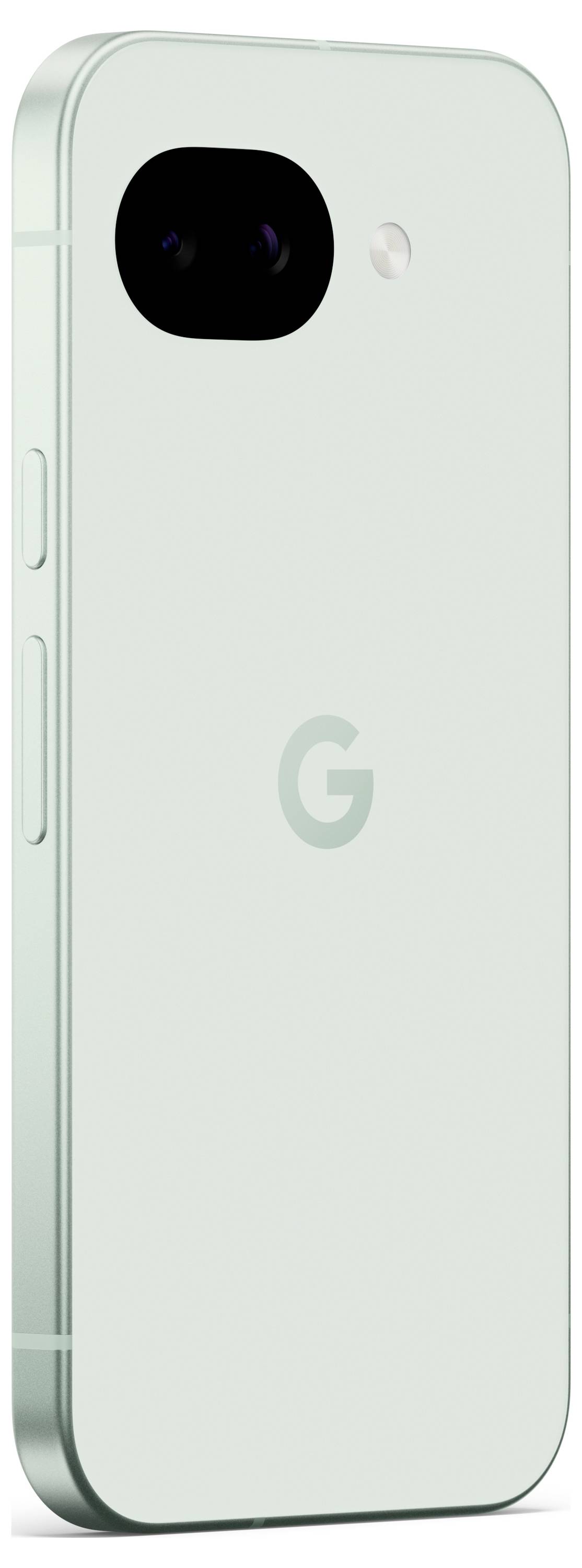 Un smartphone vert clair avec un appareil photo arrière et un logo « G », présentant un design épuré et moderne avec des bords plats.